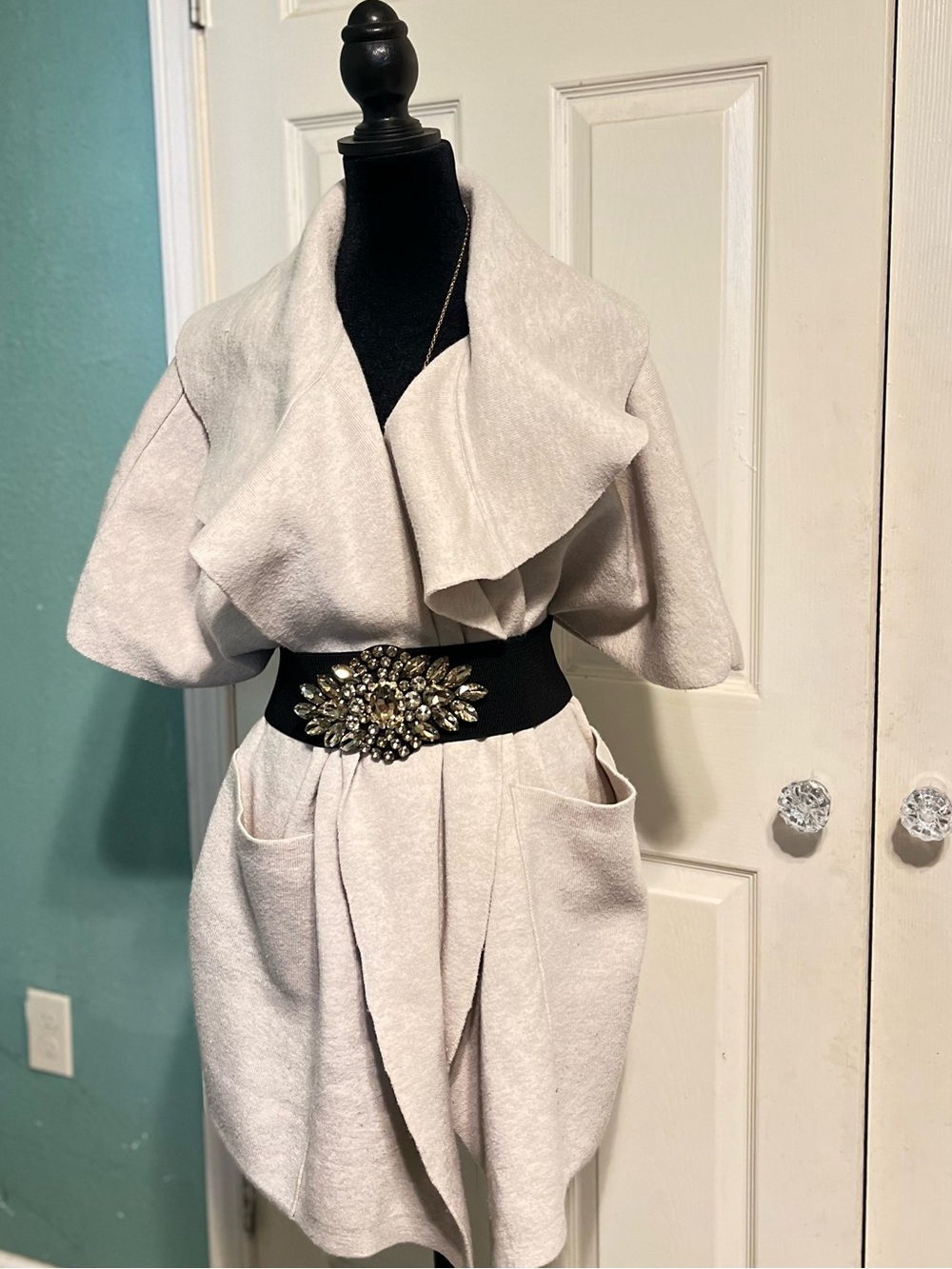 Anthropology Akemi+Kin Cream Draped Open-Front Cardigan with Embellish